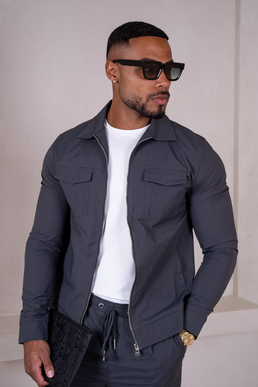 Pinstripe Cargo Utility Overshirt - Charcoal