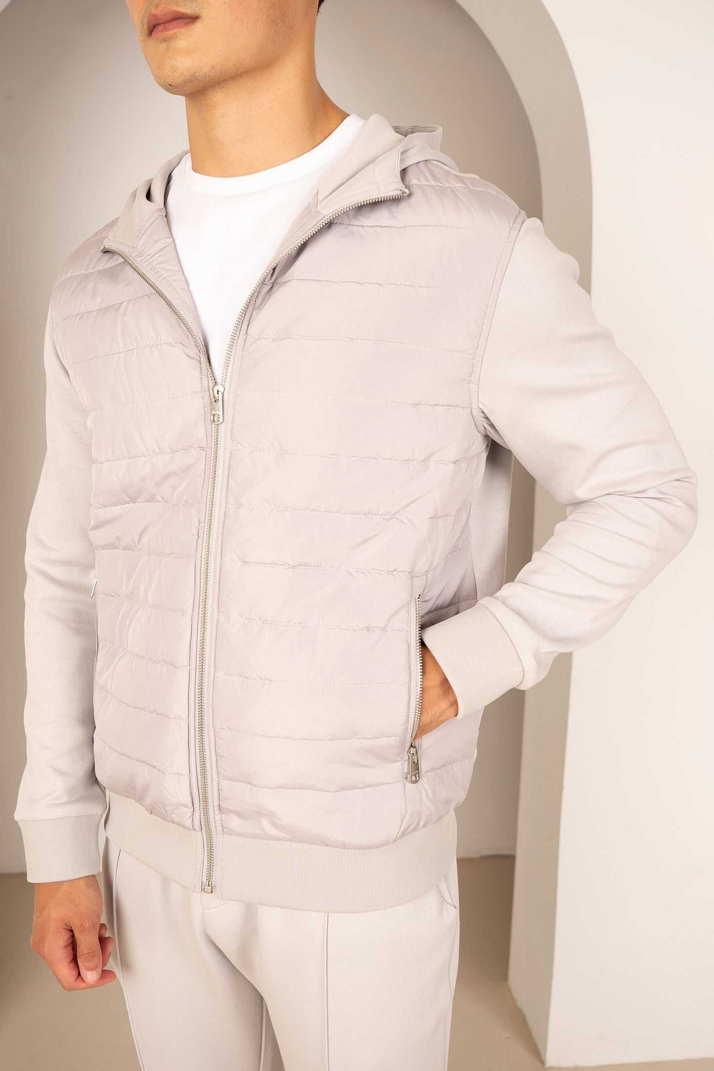 Hybrid Quilted Zip Through Hooded Jacket - Light Grey